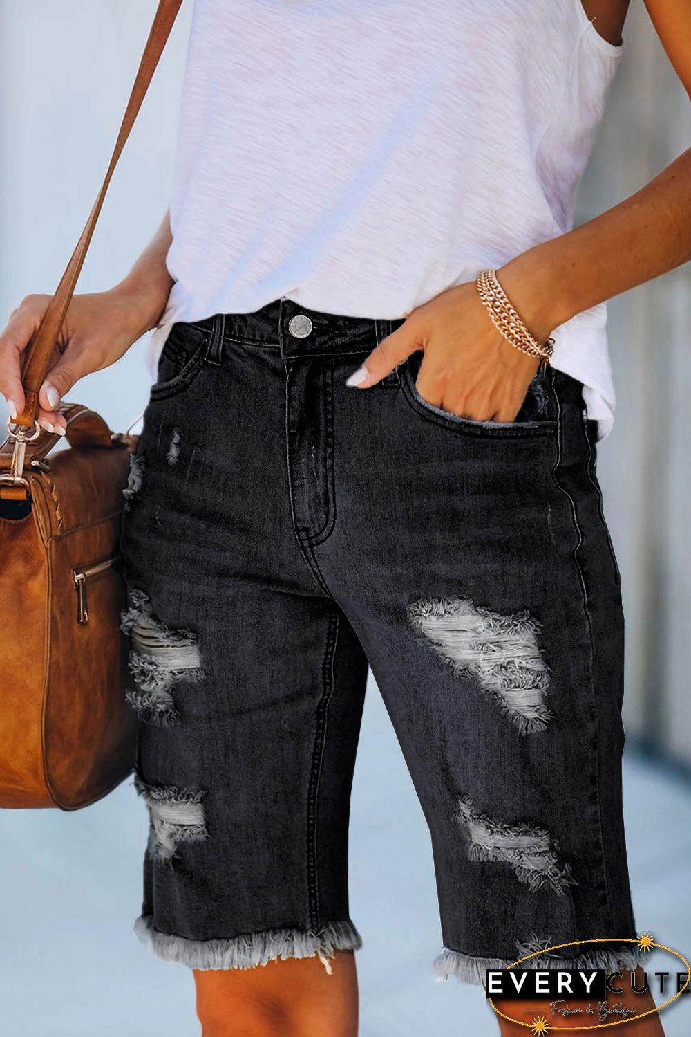 Black Distressed Denim Bermuda Shorts