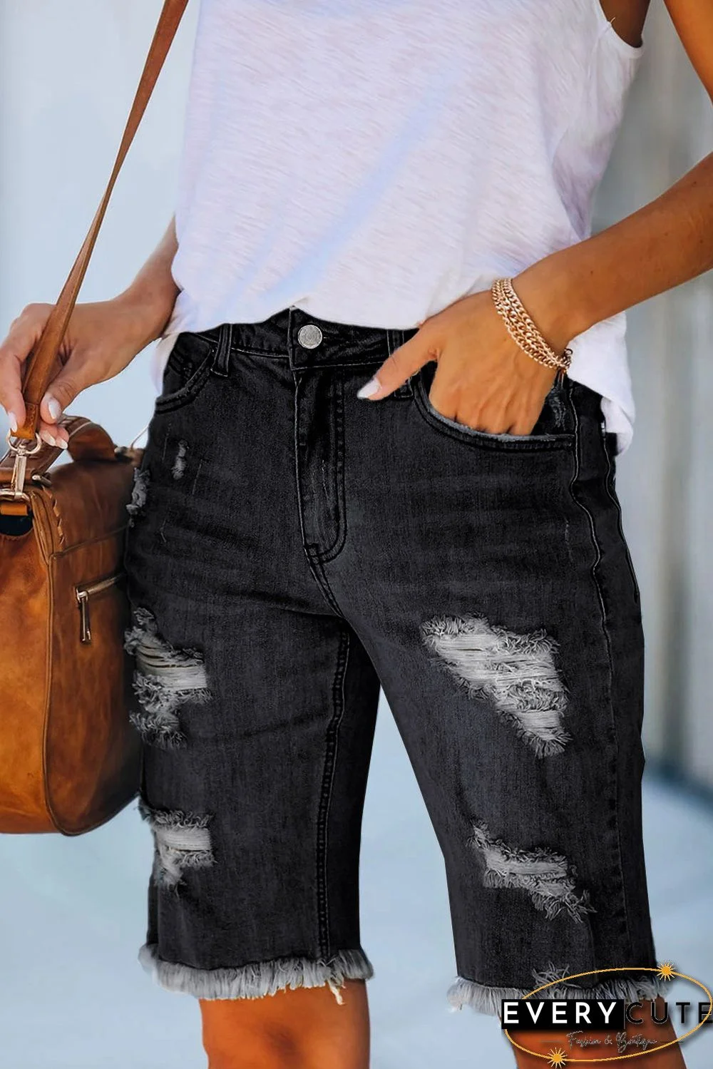 Black Distressed Denim Bermuda Shorts