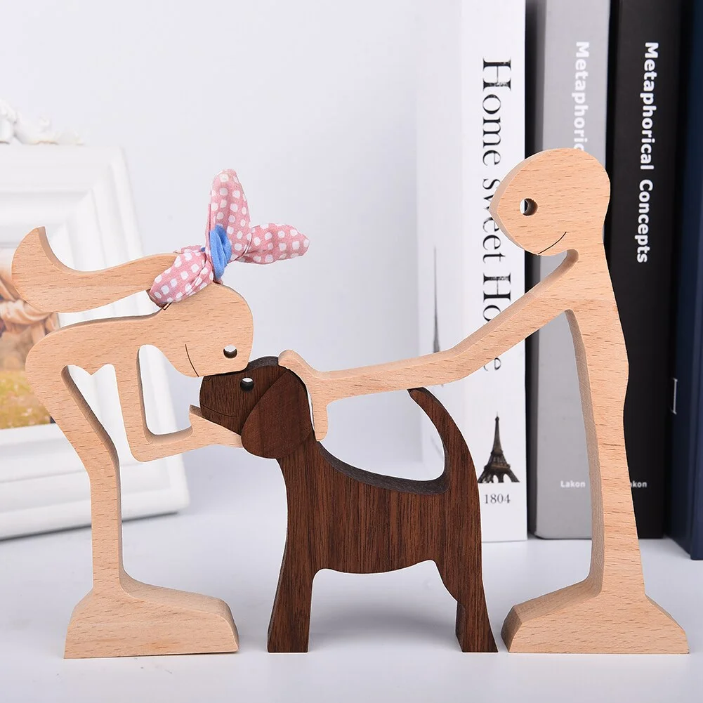 Wood Puppy Family Table Figurin Decor Ornaments Wooden Dog Craft Statue Home Decoration Cute Human and Pets Sculpture Craft Gift