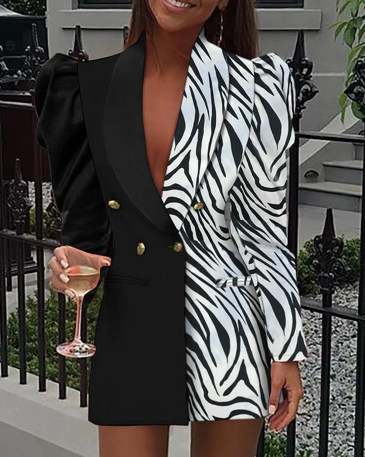 Zebra Stripe Colorblock Shawl Collar Puff Sleeve Double Breasted Blazer Dress P1294366879