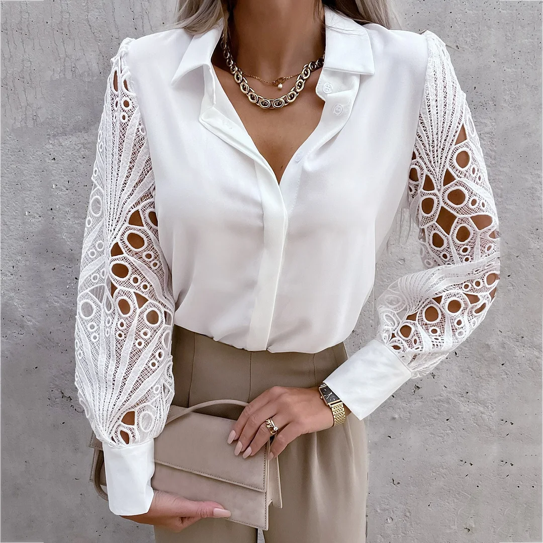 Tanguoant OL Blouse Women 2023 New Elegant Lace Hollow Out Vintage Button Up Shirts Top Long Sleeve Mesh Design Tops Femme Shirts