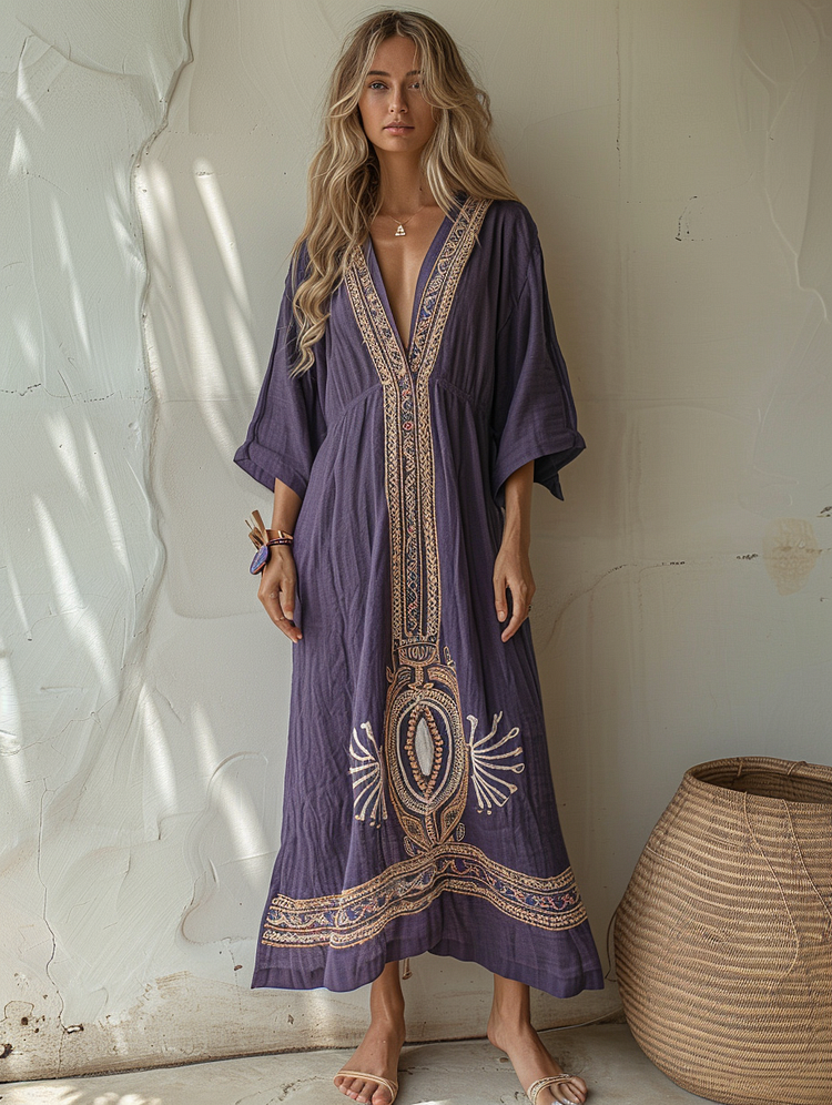 Linen Boho Printed Kaftan Maxi Dress