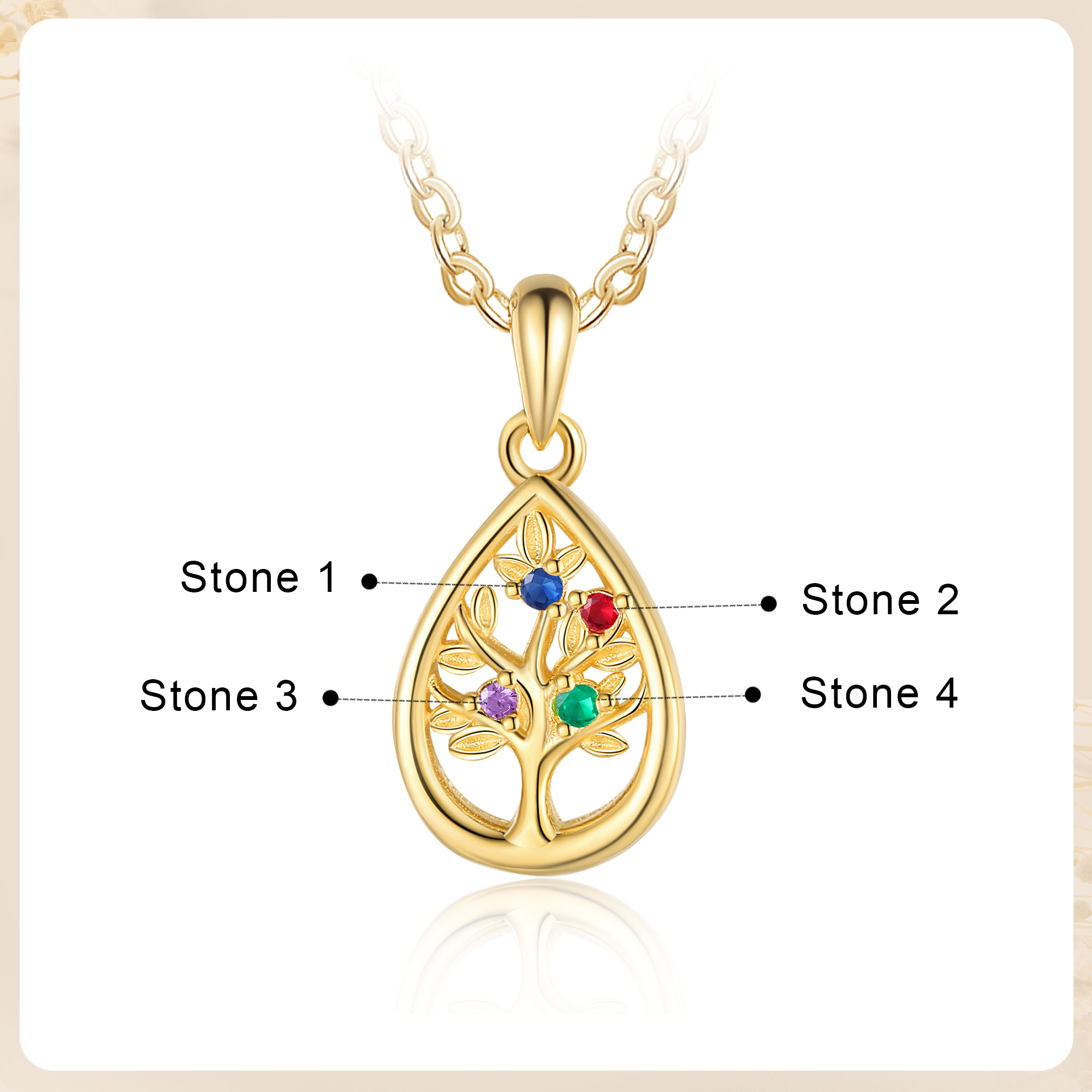 Personalised Women's Necklace Custom 4 Birthstones Teardrop Family Tree Pendant Necklace Birthday Gift for Her-Jessemade AU