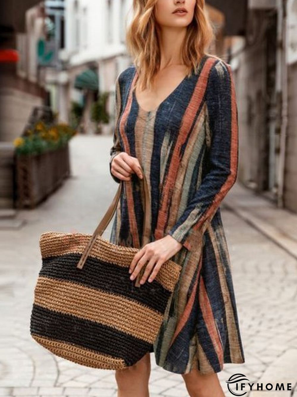 Fashion Red Vintage Linen A-Line Printed Knitting Tunic Dress | IFYHOME