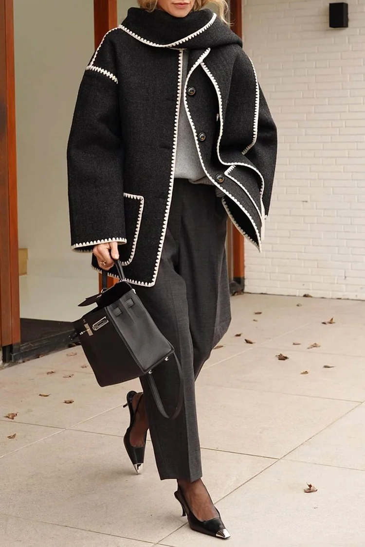 Black Contrast Drop Shoulder Wool-Blend Tweed Coat with Scarf QueenFunky