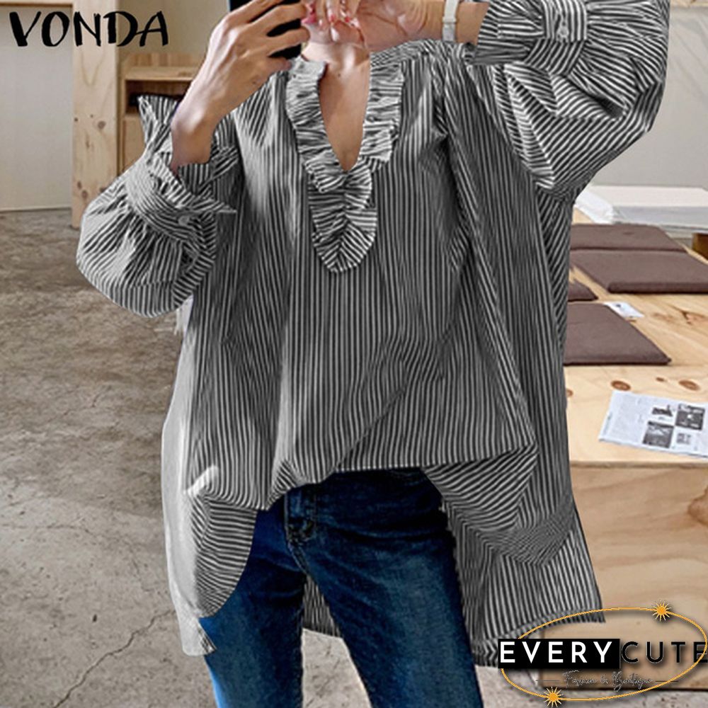 VONDA Plus Size Women Casual Blouse Long Sleeve V Neck Ruffle-Trim Striped Shirt Loose Tunic Tops