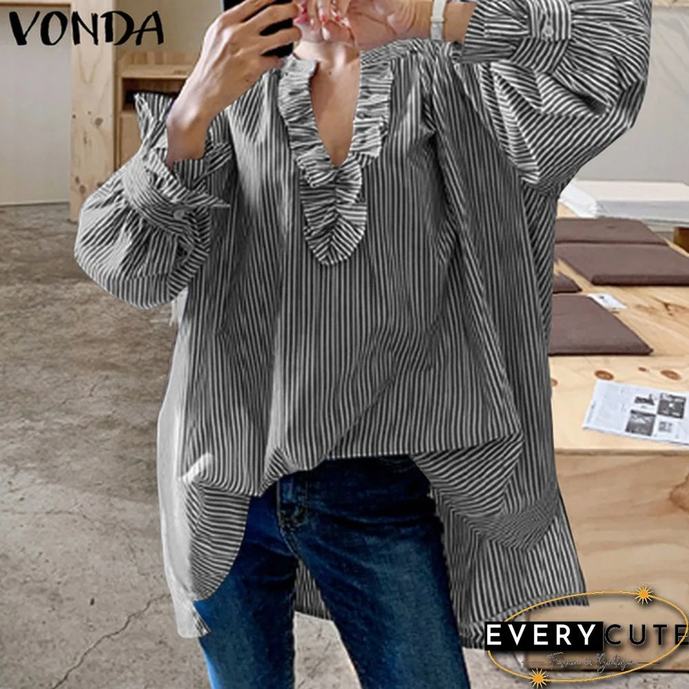 VONDA Plus Size Women Casual Blouse Long Sleeve V Neck Ruffle-Trim Striped Shirt Loose Tunic Tops