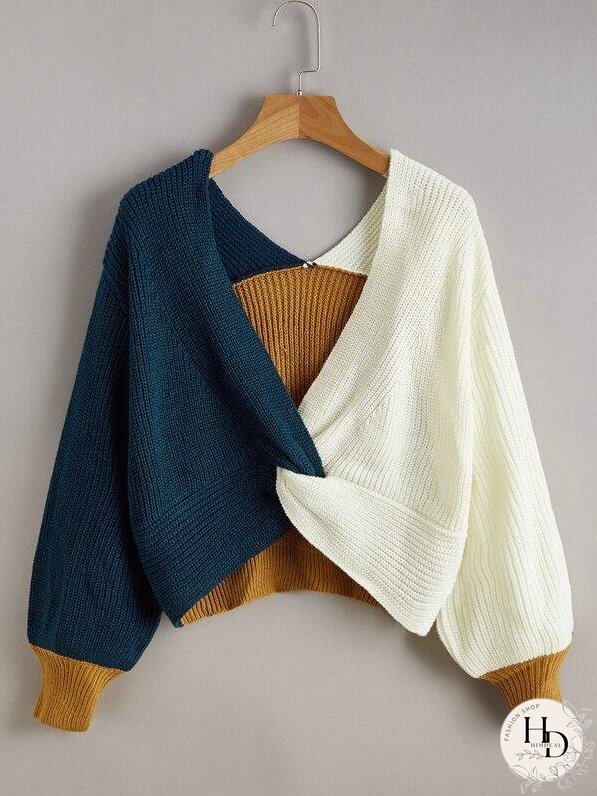 Colorblock Twist-Front Cropped Sweater