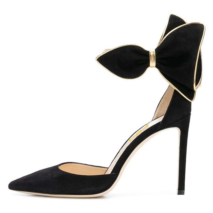Black and Gold Pointy Toe Side Bow Heels Ankle Strap Heel Pumps |FSJ Shoes