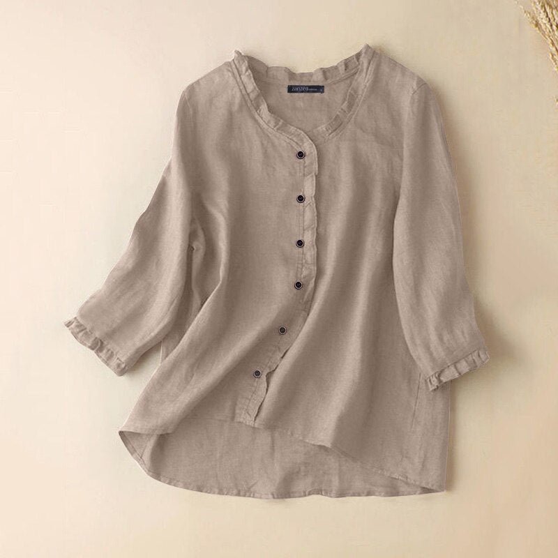 ZANZEA Oversize Cotton Tops Women Summer 3/4 Sleeve Blouse Vintage V Neck Buttons Ruffles Shirt Casual Solid Blusas Work Chemise