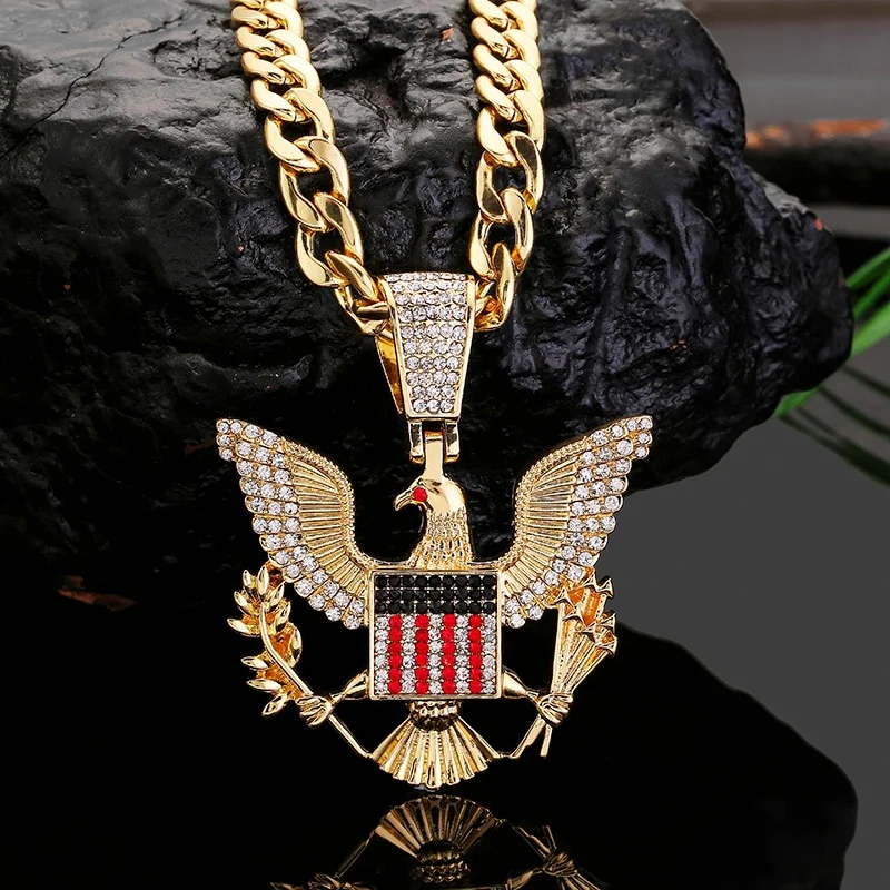 Iced Out Bald Eagle Flag Pendant with Cuban Chain Necklace Men Hip Hop Jewelry-VESSFUL