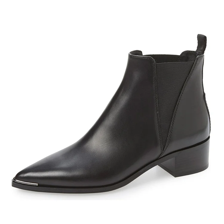 Black Classic Chelsea Boots Pointy Toe Low Heel Ankle Boots for Work |FSJ Shoes