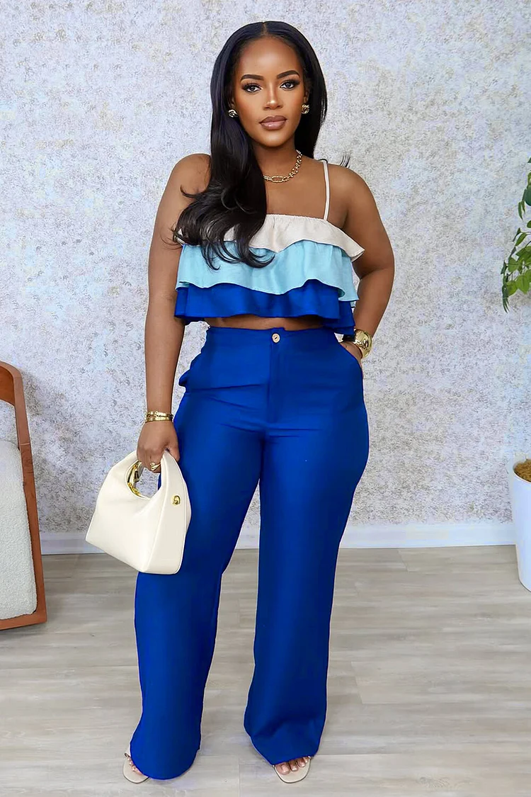 Colorblock Tiered Ruffle Crop Cami High Waist Pants 2pcs Set-Blue