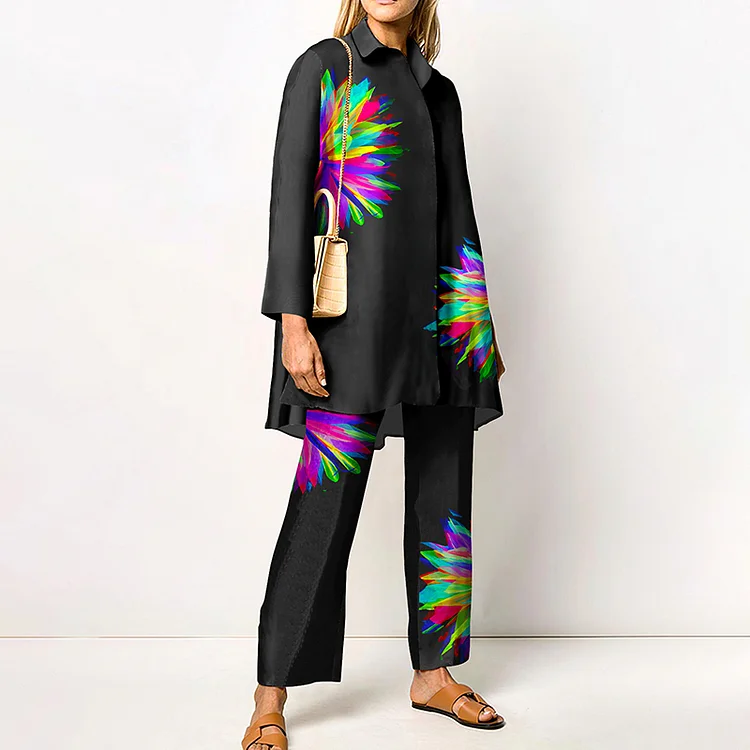 Lapel Colorful Flowers Two Piece Set