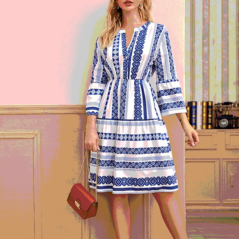 Casual V-neck Printed Flared Seeve Dress For Women MusePointer