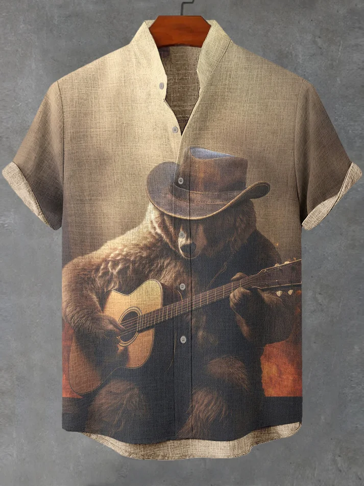 Men's Bear Playing Guitar Art Print Casual Shirt