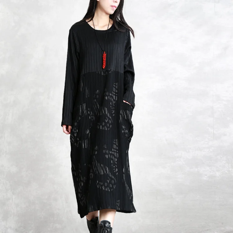 fine black striped autumn cotton blended dress plus size clothing O neck patchwork cotton blended gown casual long sleeve pockets maxi dresses