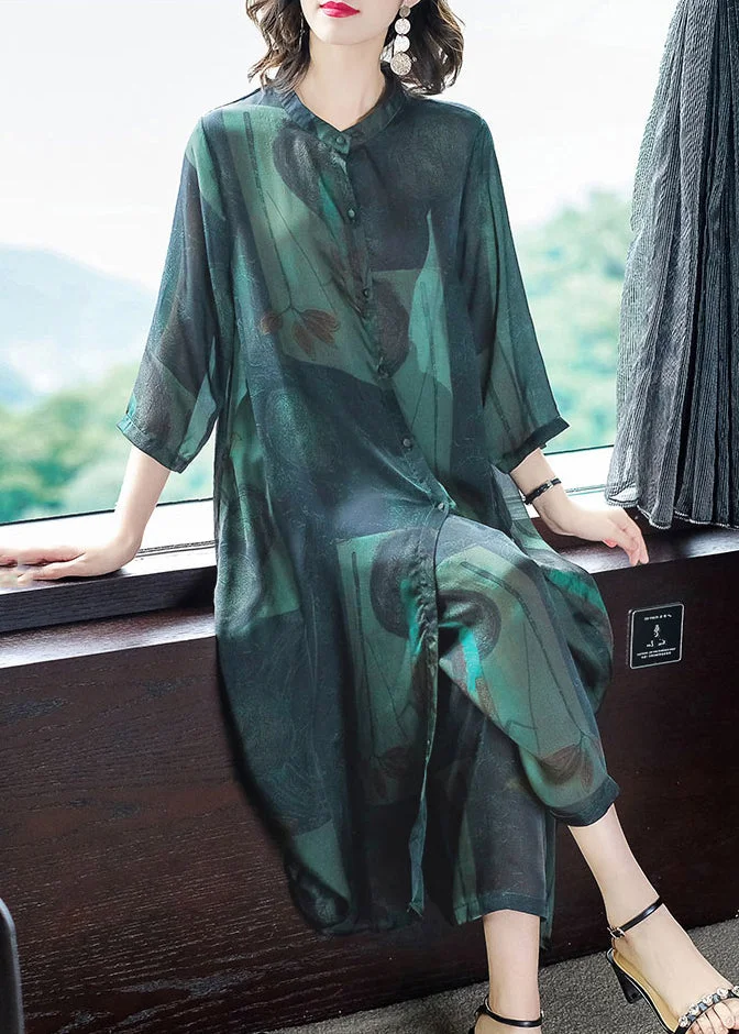 Original Green Pockets Print Thin Silk Shirt Dress And Wide Leg Pants Two Piece Outfit Summer