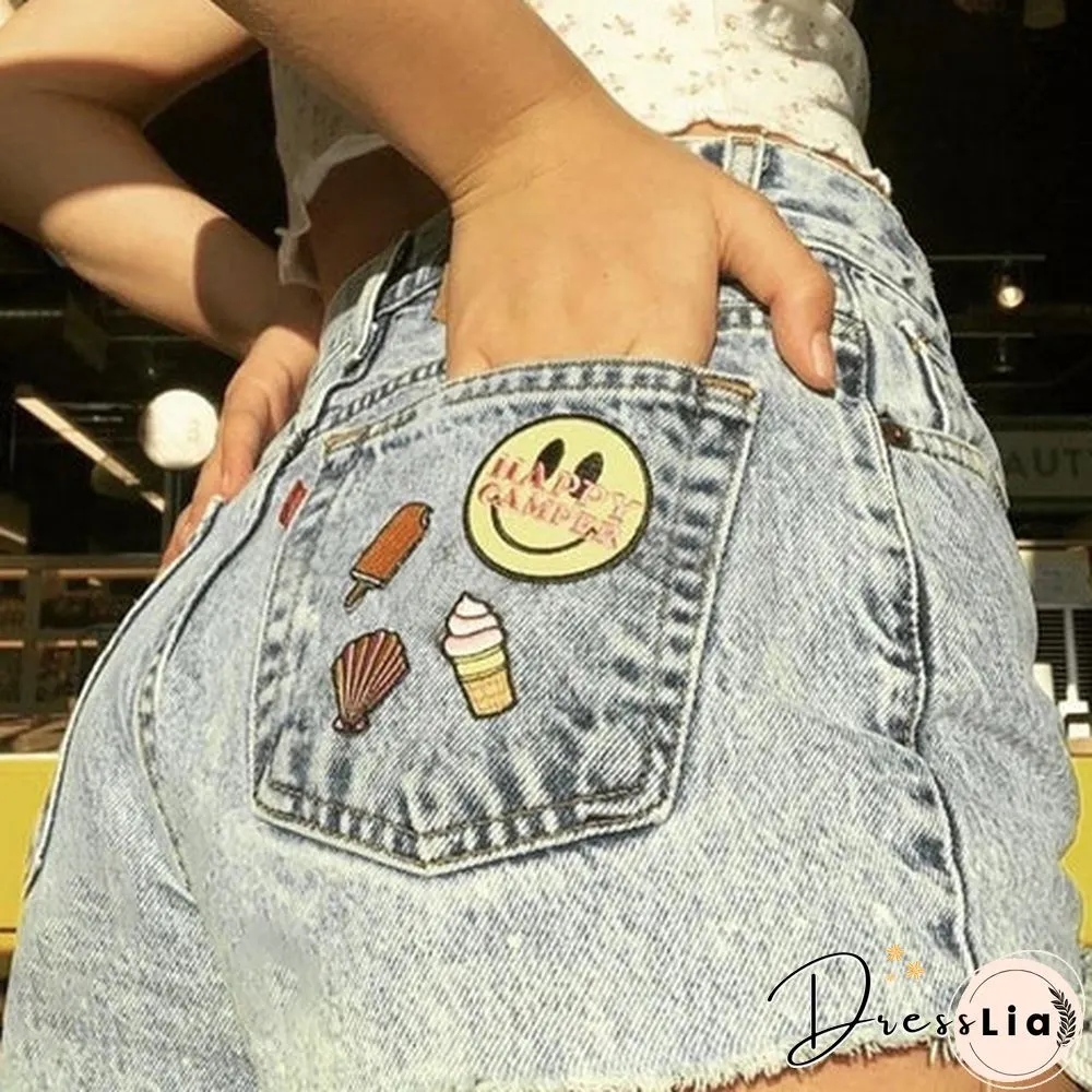 Smiley Print Loose Washed Frayed Denim Shorts