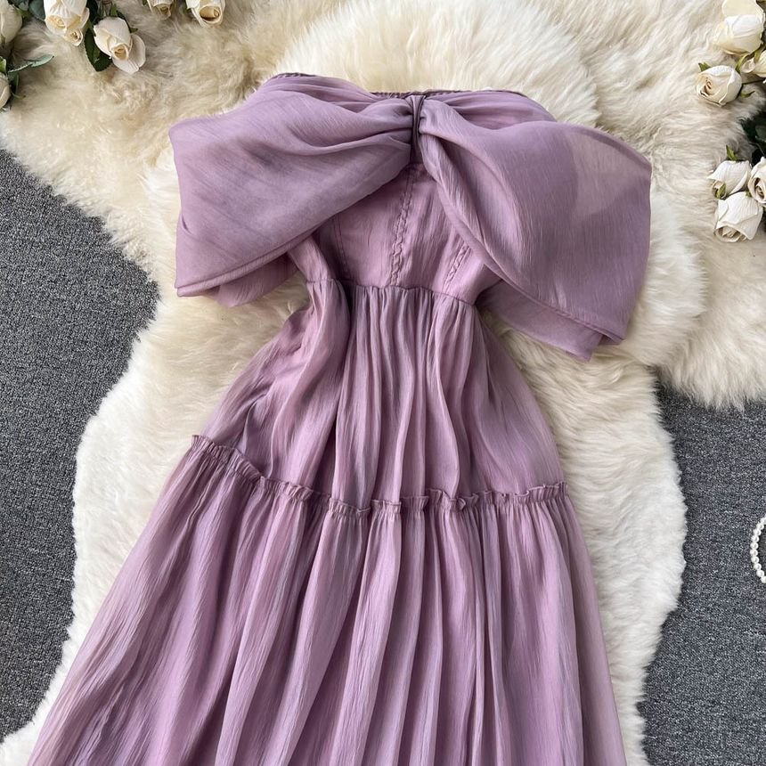 Holiday Off-Shoulder Bandeau Ruched Chiffon Dress H26- Fabulory