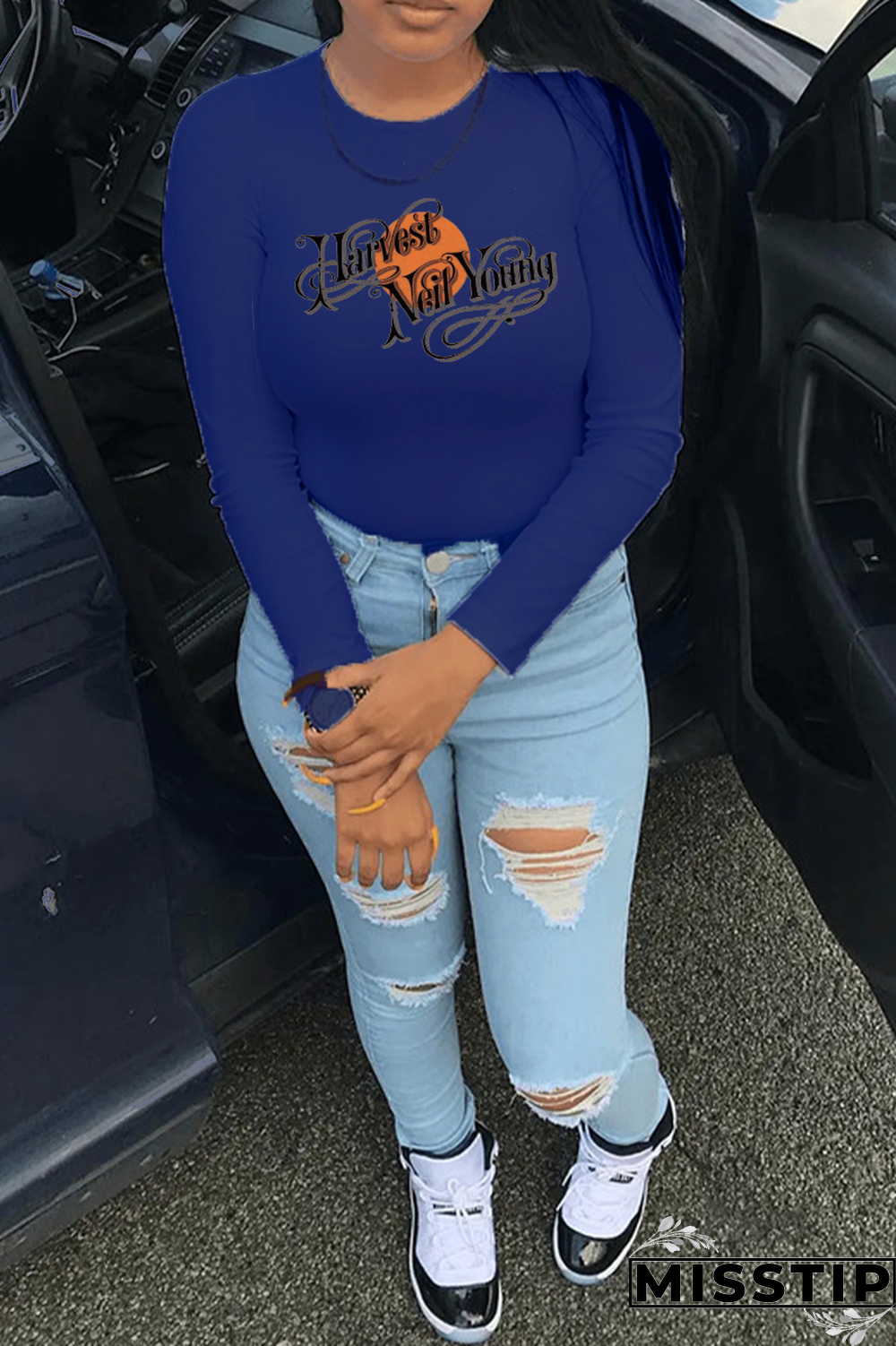 Navy Blue Casual Street Print Patchwork Letter O Neck Tops