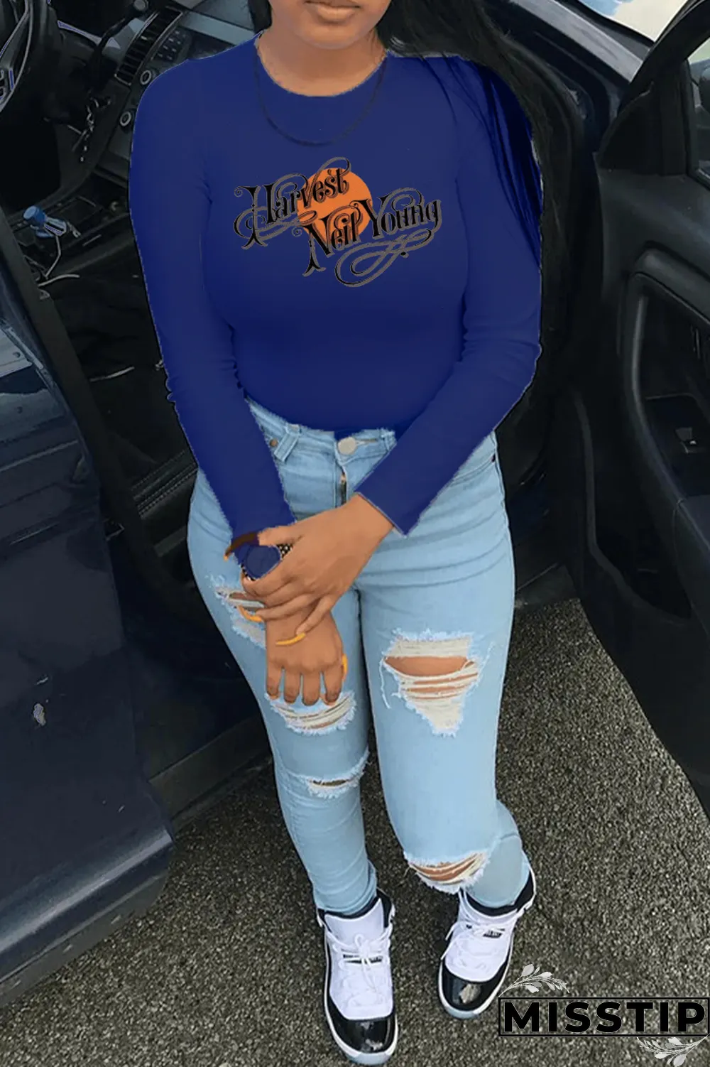 Navy Blue Casual Street Print Patchwork Letter O Neck Tops