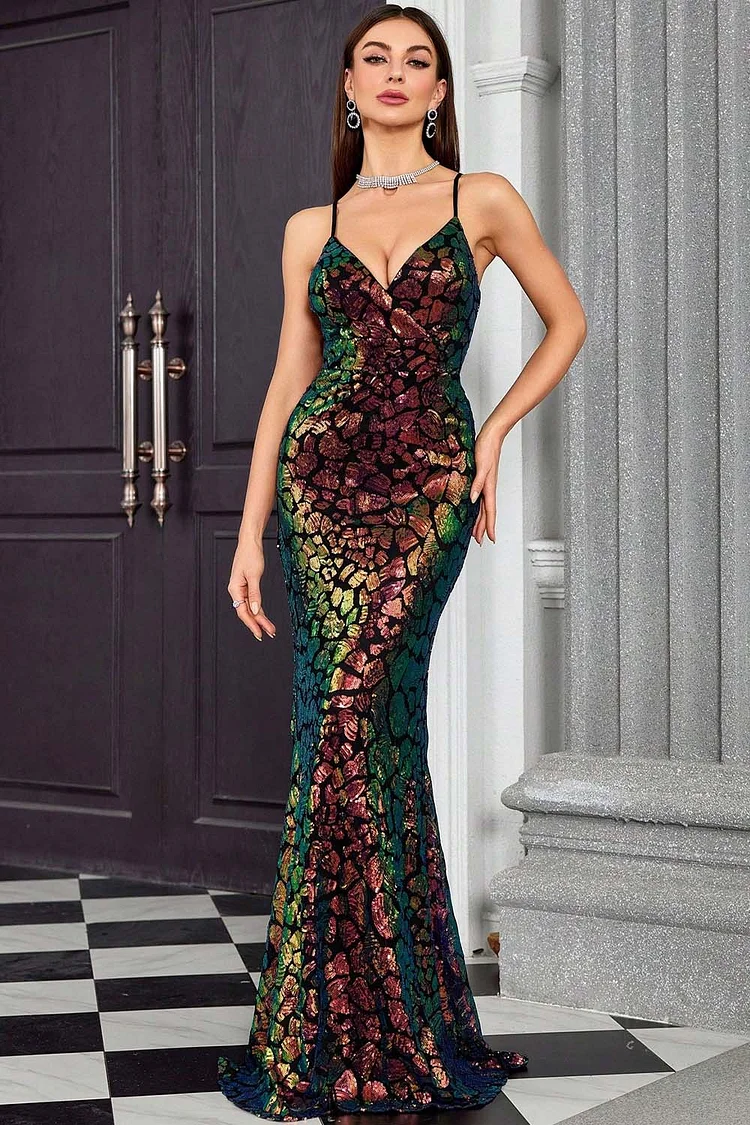 Spaghetti Strap V Neck Iridescent Sequin Mermaid Maxi Dress-Multicolor