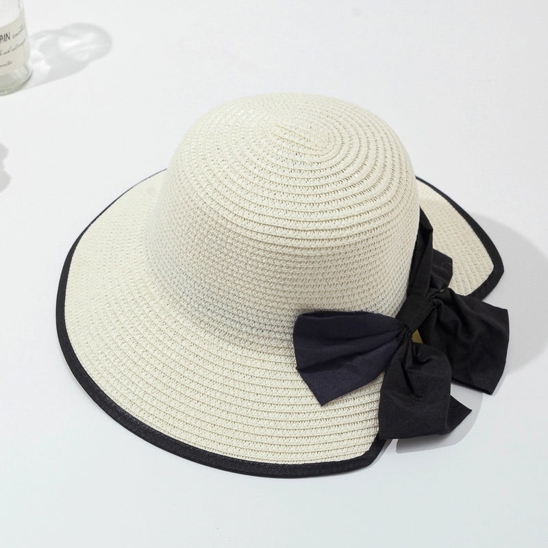 Women’s Casual Vacation Beach Color Block Bowknot Big Eaves Straw Hat