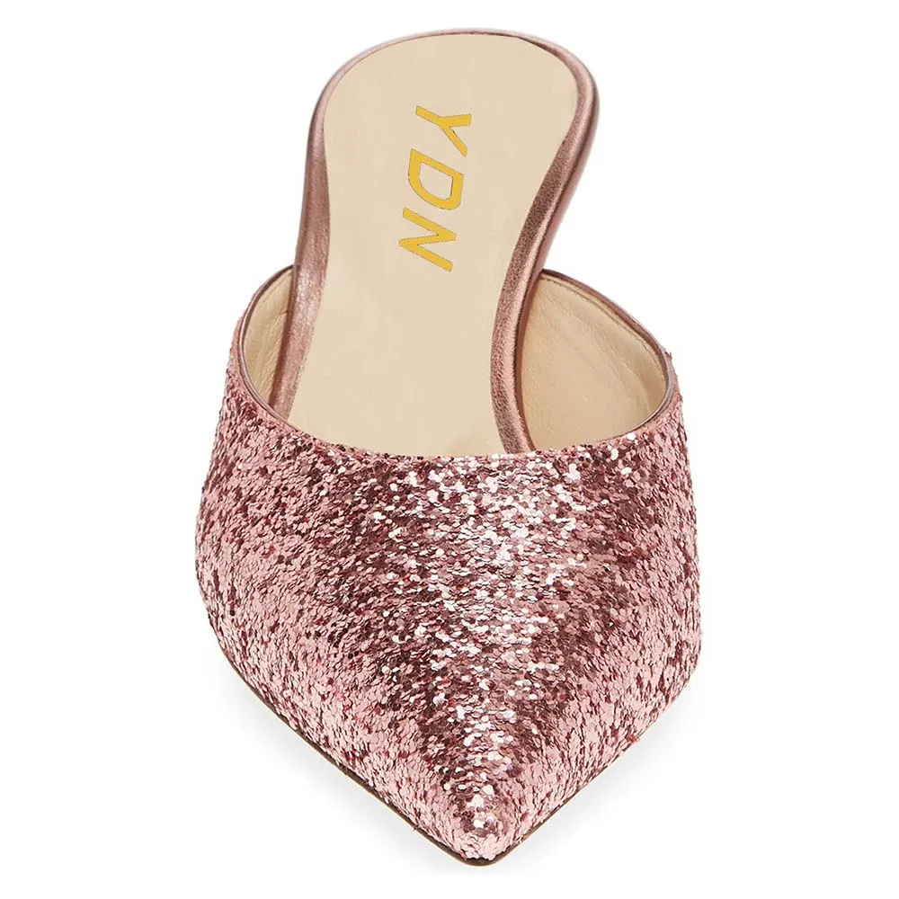 Pink Glitter Pointed Toe Stiletto Heel Mule Shoes for Women