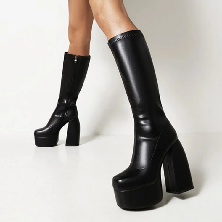 Black Square Toe Platform Booties Chunky Heel Knee High Boots |FSJ Shoes