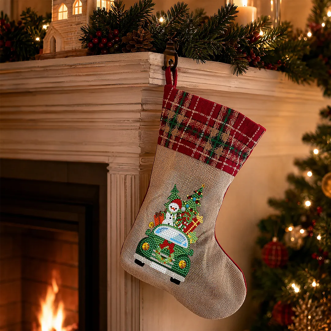 DIY Diamond Painting Christmas Stockings Hanging Ornaments Large Capacity Xmas Socks Pendant Wear Resist Candy Gift Storage Bags for Family Christmas Holiday Party Decoration (Christmas tree car)