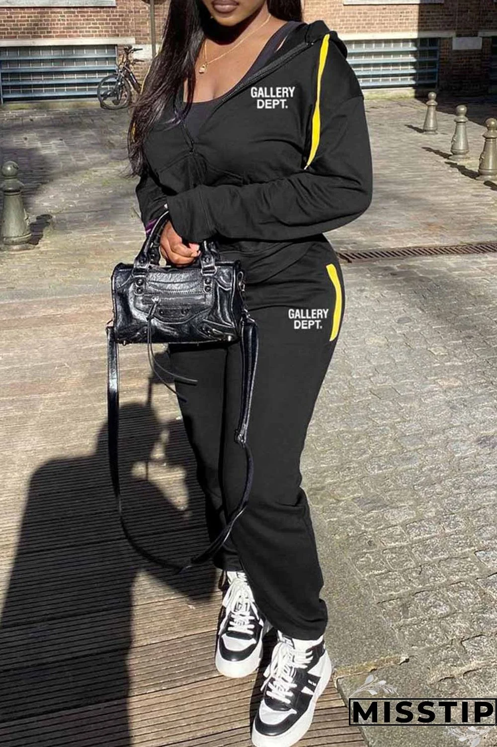 Black Casual Print Letter Hooded Collar Long Sleeve Two Pieces