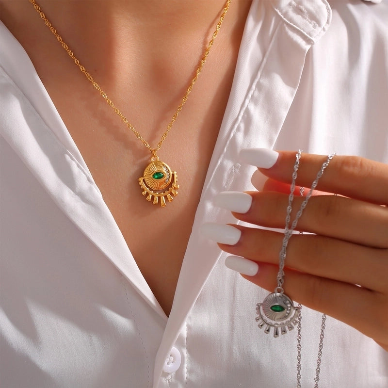 Retro Minimalist Round Eye 304 Stainless Steel Zircon 18K Gold Plated Inlay Pendant Necklace