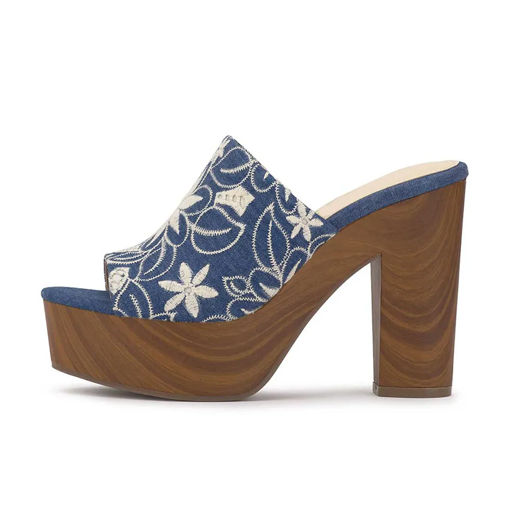 Blue Open-Toe Floral Embroidered Platform Mules with Chunky Heels