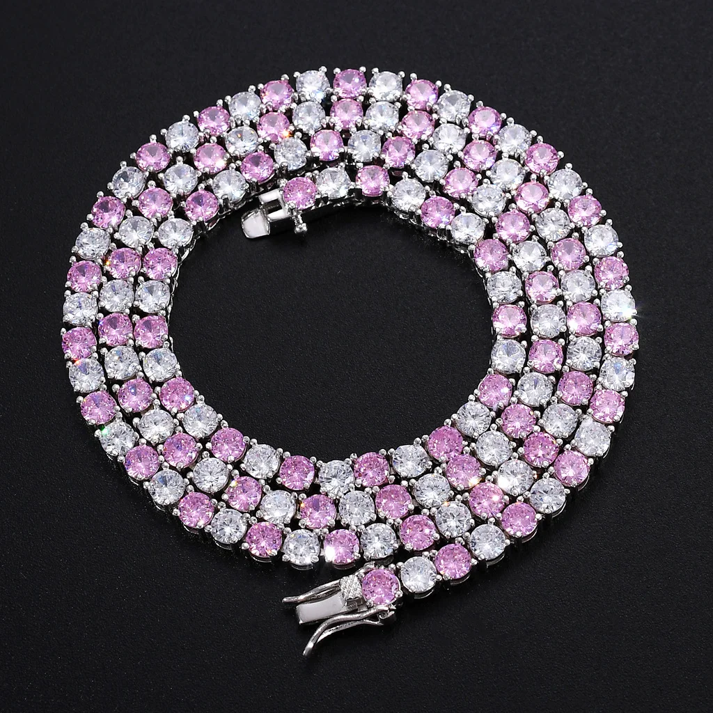 4MM Iced Out Tennis Chain Silver Pink CZ Necklace Jewelry-VESSFUL