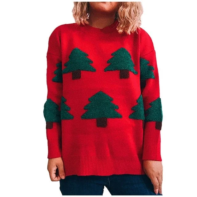 Christmas Tree Print Sweater Women Pullover Knitted Tops-elleschic