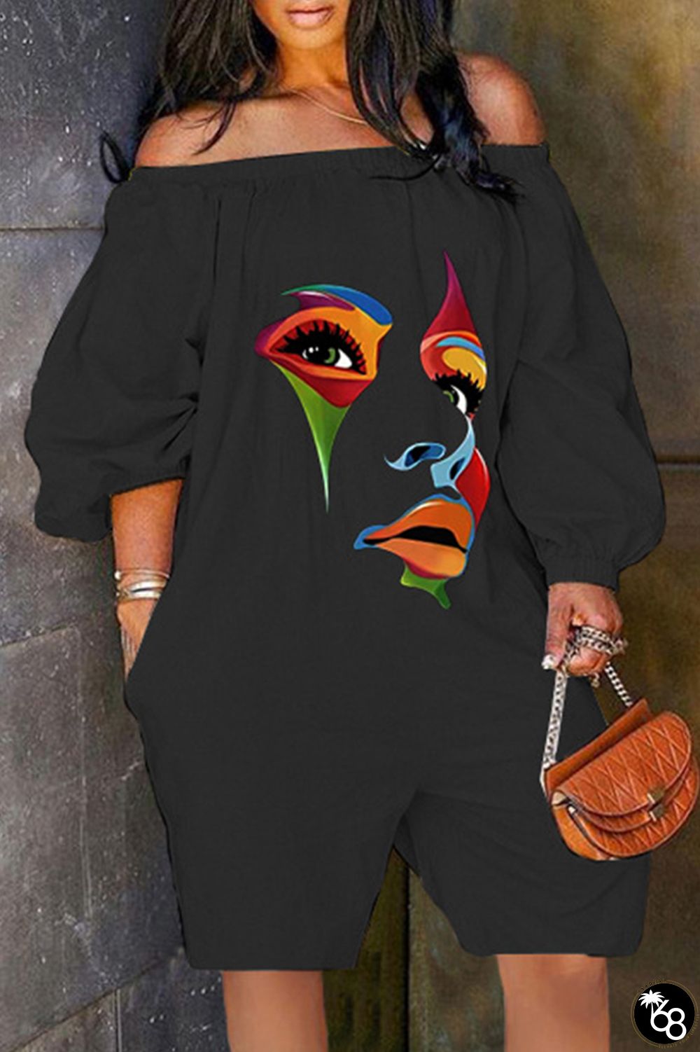 Black Casual Print Basic Off the Shoulder Regular Romper | 168DEAL