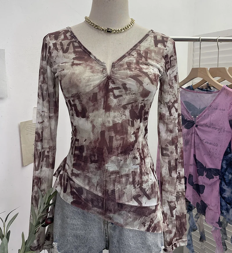 Churchf Dizziness Printing Mesh T-Shirt T-Shirt Irregular Lotus Leaf Side Ribbon Short Coat 9927