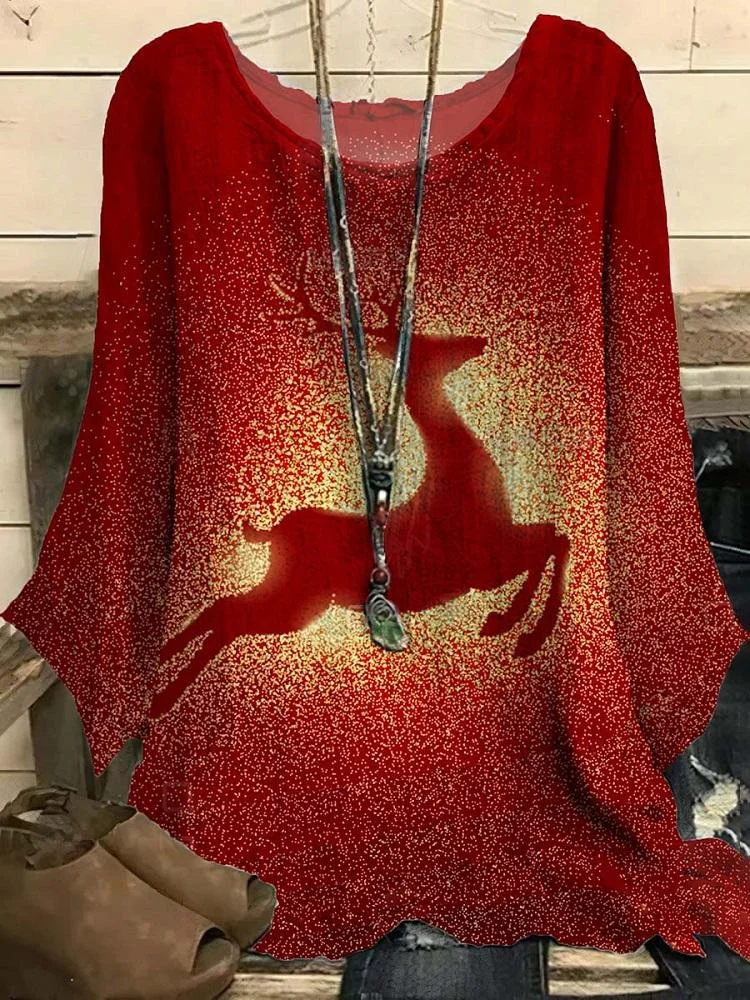 Women's Red Christmas Elk  Art Printed Half Sleeved Top