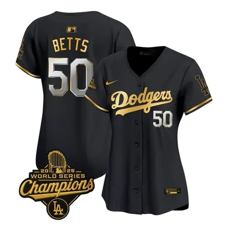 Women's Los Angeles Dodgers #50 Mookie Betts  Black Golden 2025 World Series Champions Home Limited Jersey