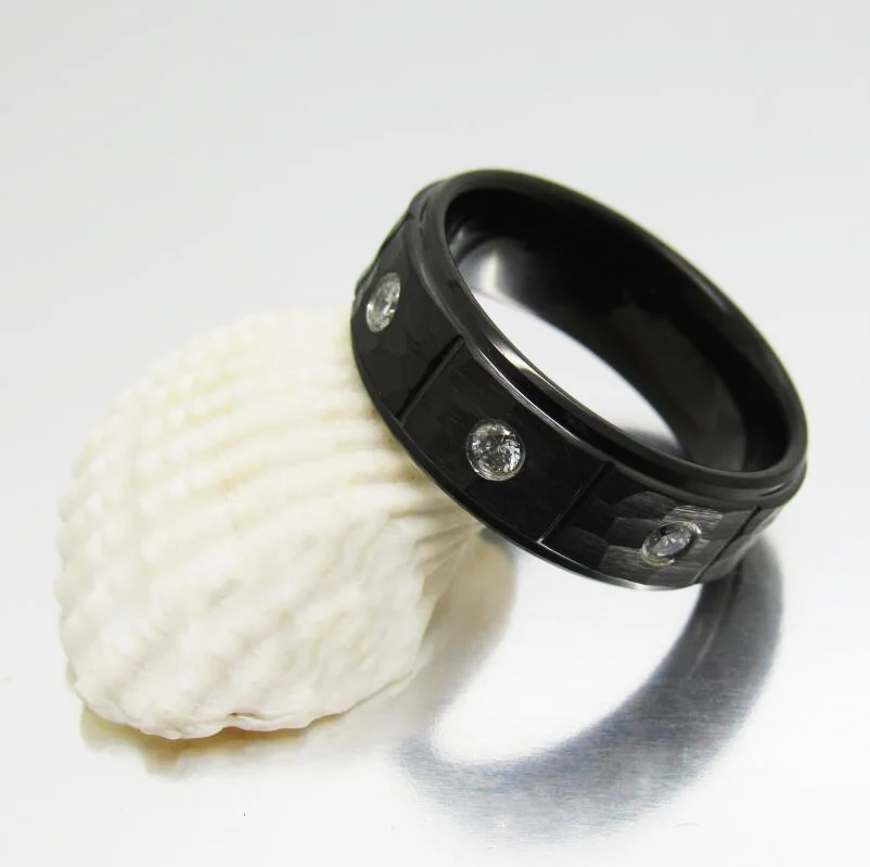 8MM Black Tungsten Carbide Rings With Open-Step Hammered Pattern Eight-Slot Vacuum Electric Womens And Mens 