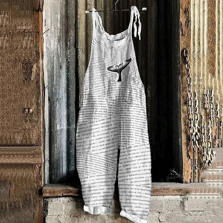 Ocean Whale Art Linen Blend Loose Fit Jumpsuit