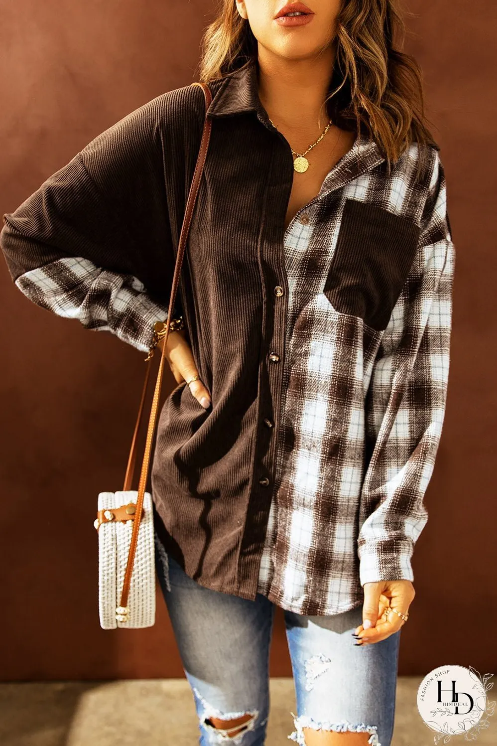 Double Take Plaid Color Block Dropped Shoulder Corduroy Shacket