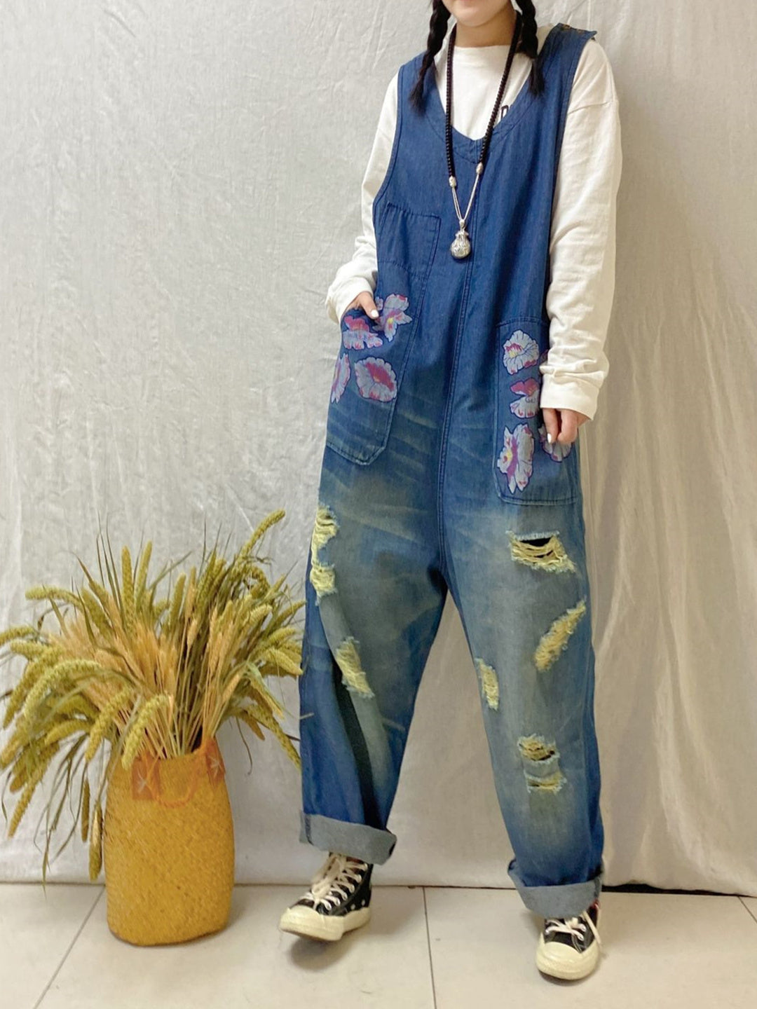 Women's Casual Retro Cropped Workwear Denim Overalls Jumpsuit