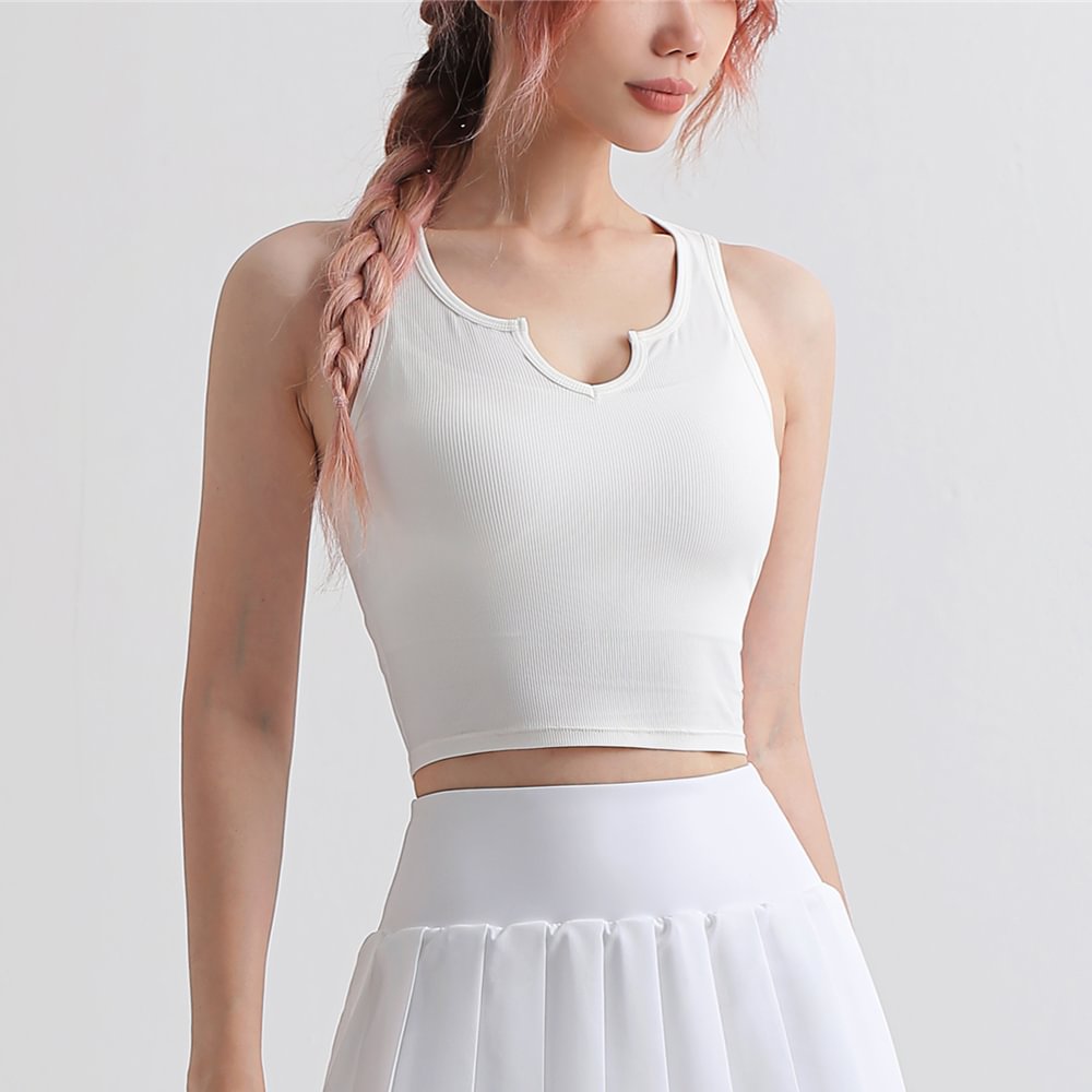 Buy Hergymclothing White v cut ribbed breathable fitness gym crop tank top vest with removable cups online