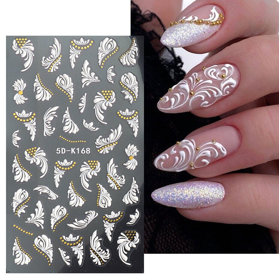 Applyw Press On Nail Supplies For Professionals Embossed 5D Stereo Stickers White French Carved Art Nail Shape Sticker Accesorios