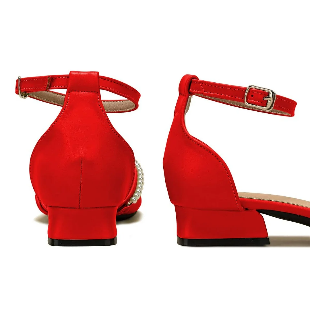Fashion Pointed Toe Flat Buckle Ankle Strap Red Pumps with Pearl