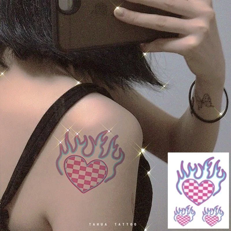 Love Flame Fake Tattoo Heart Stickers Waterproof Lasting Sexy Female Watercolor Tattoo Body Art Arm Temporary Tattoos Stickers