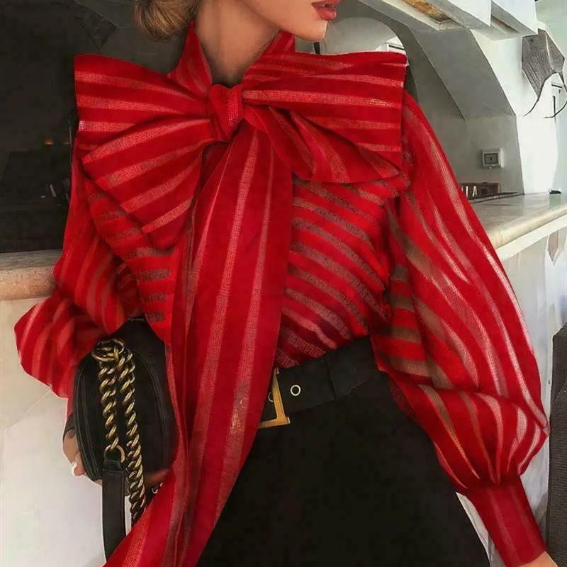 High Street Women Organza Blouse New Big Bow Striped Loose Shirts Puff Sleeve Retro Chic Blouses Clothes Elegant Female Shirt