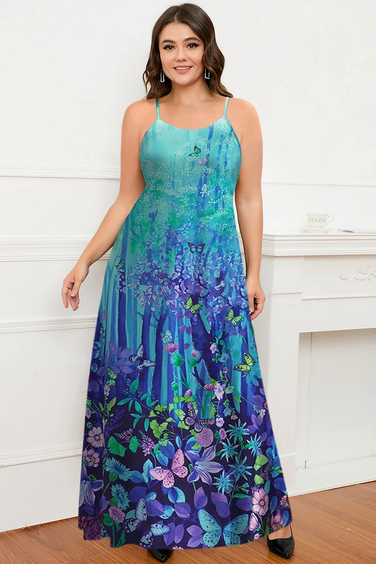 Flycurvy Plus Size Casual Blue Ombre Butterfly Print Cami Maxi Dress  Flycurvy [product_label]